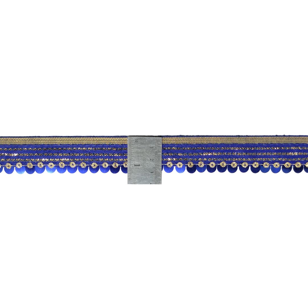 Decorative trim with blue and gold accents on a white background